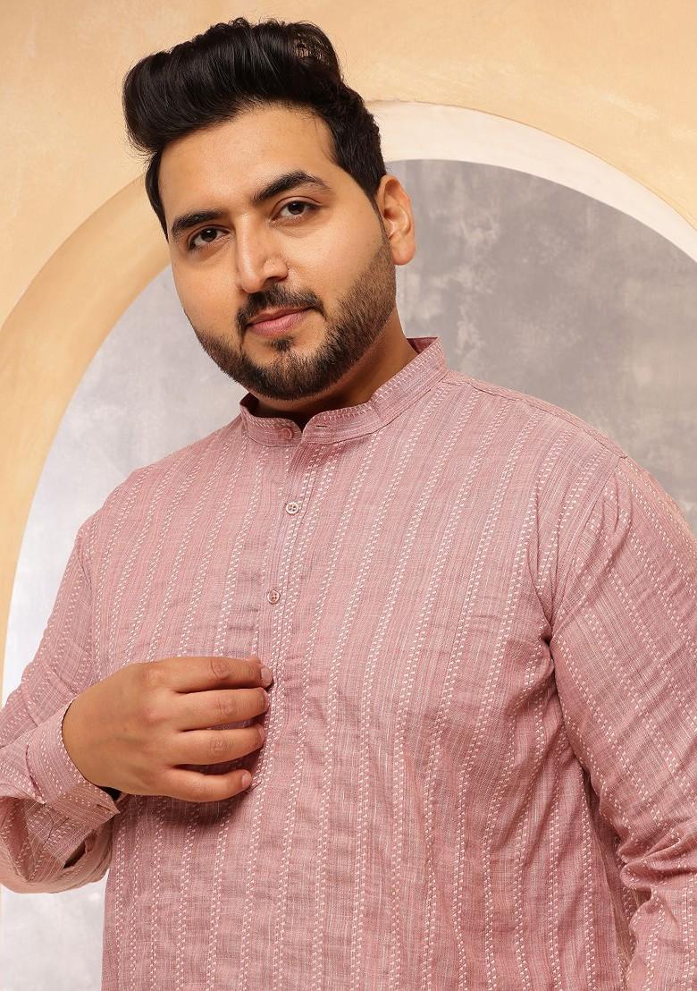 Pink Striped Cotton Kurta For Men