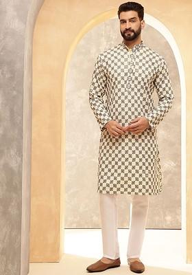 Beige Thread Work Poly Blend Kurta For Men