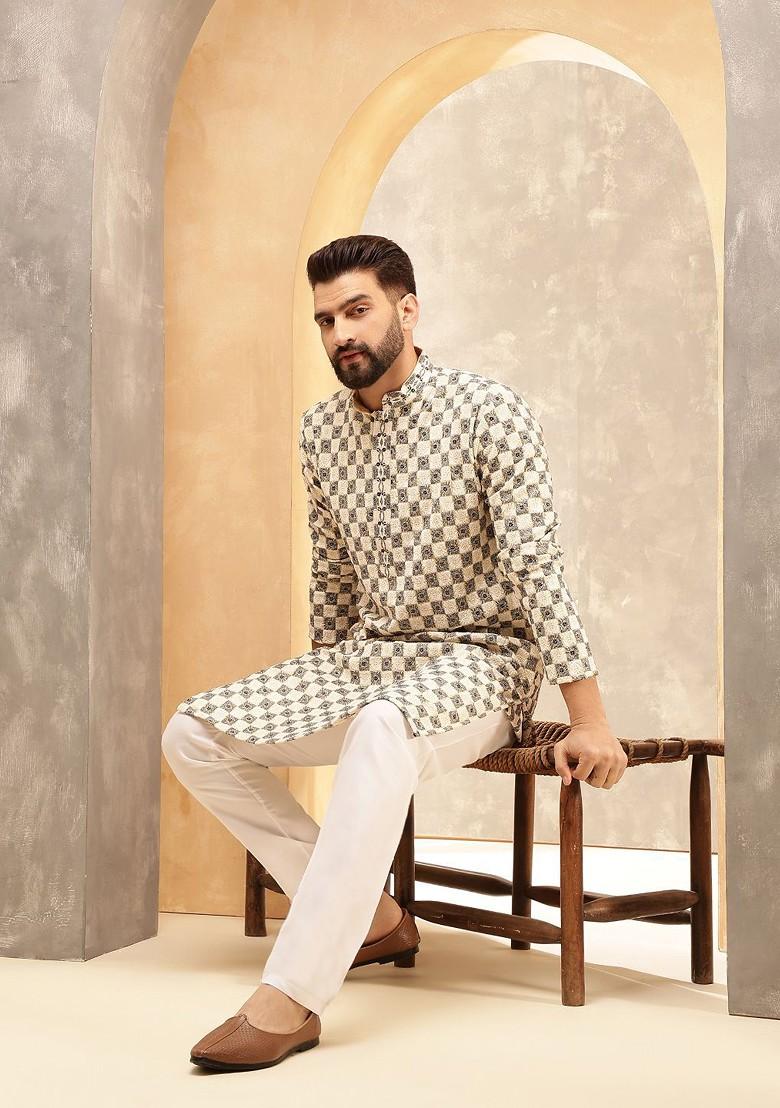 Beige Thread Work Poly Blend Kurta For Men