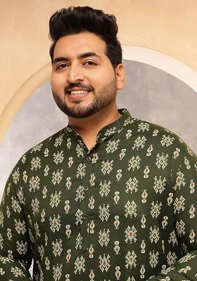 Green Ethnic Motifs Poly Blend Kurta For Men