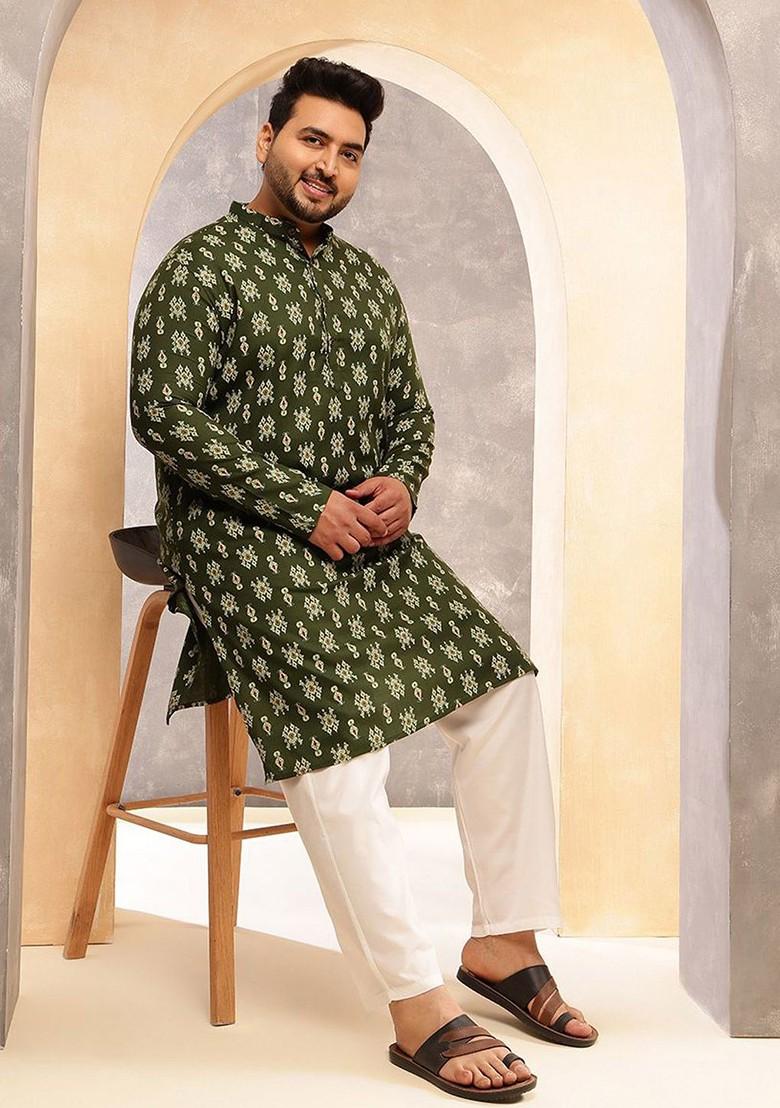 Green Ethnic Motifs Poly Blend Kurta For Men