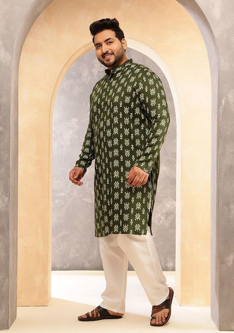 Green Ethnic Motifs Poly Blend Kurta For Men