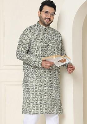 Olive Printed Poly Blend Kurta For Men