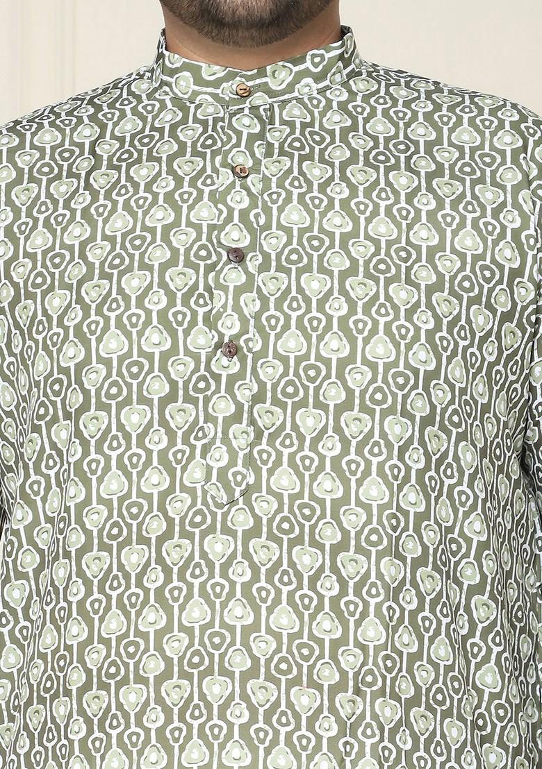 Olive Printed Poly Blend Kurta For Men
