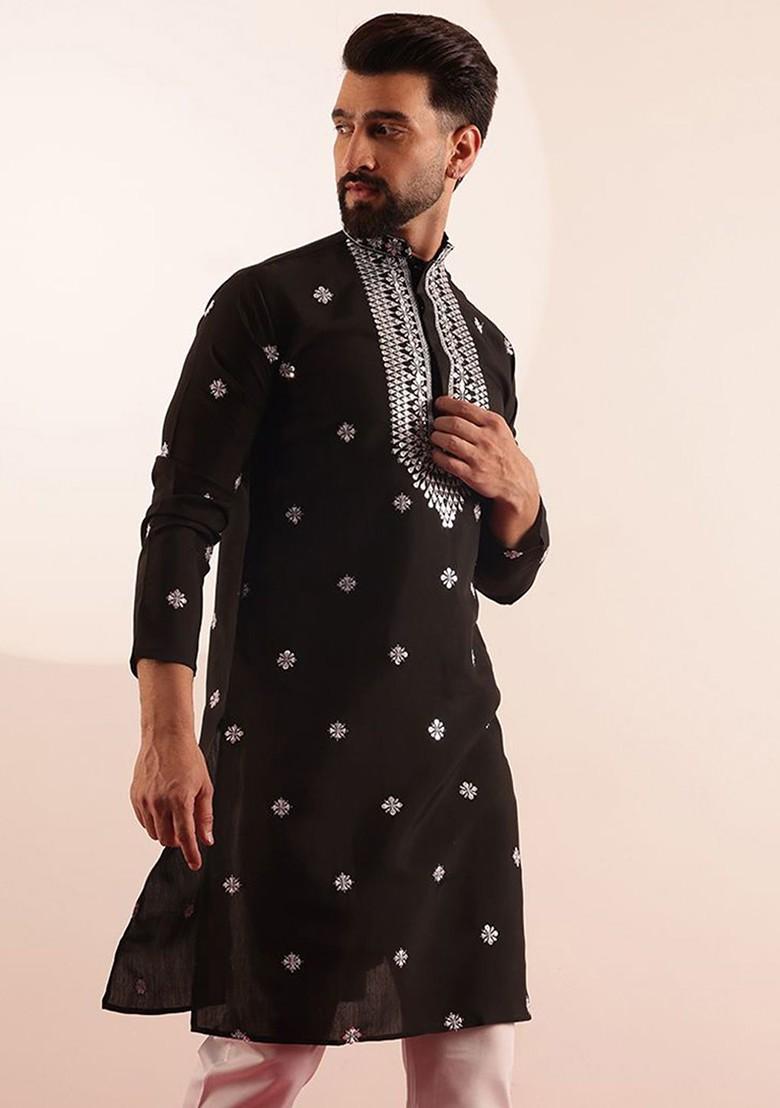 Black Embroidered Poly Blend Kurta For Men