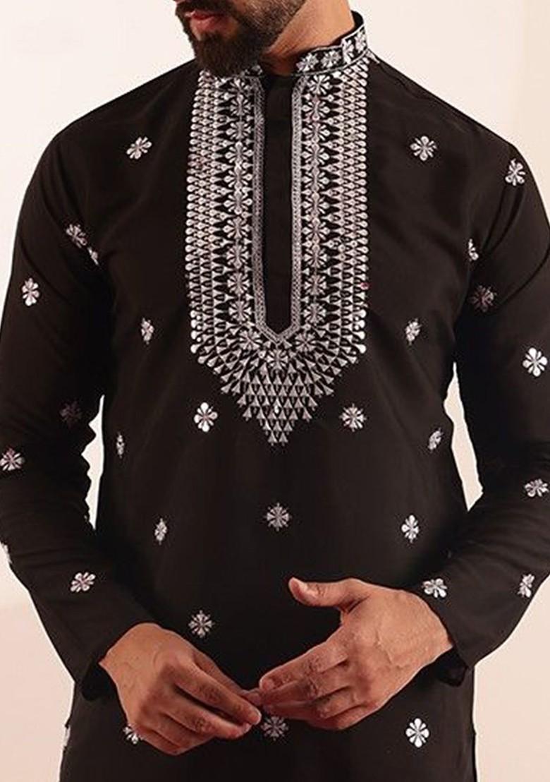 Black Embroidered Poly Blend Kurta For Men