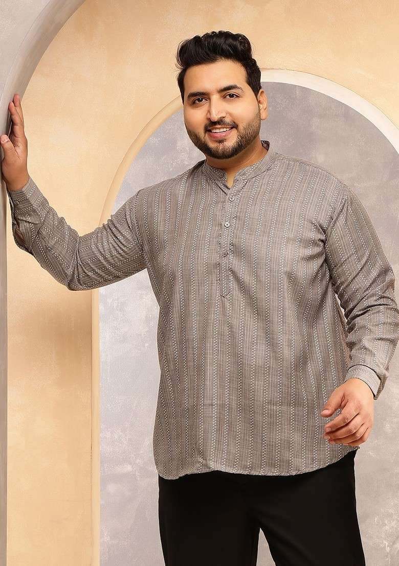 Grey Striped Cotton Kurta For Men - Indya
