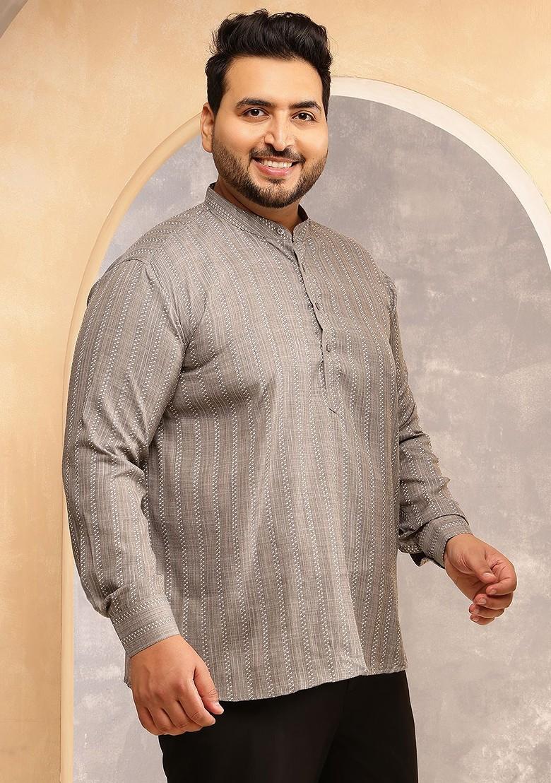 Grey Striped Cotton Kurta For Men