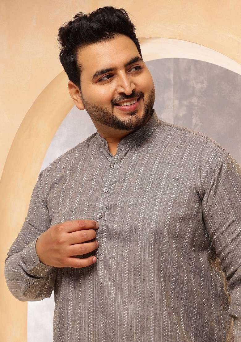 Grey Striped Cotton Kurta For Men - Indya