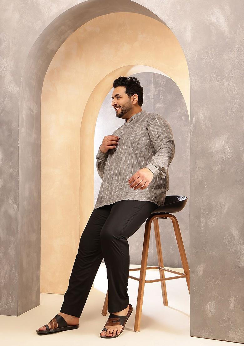 Grey Striped Cotton Kurta For Men