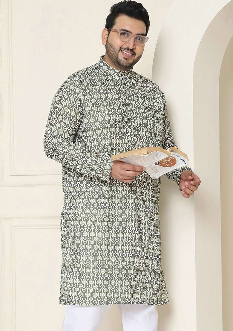 Olive Ethnic Motifs Cotton Kurta For Men - Indya