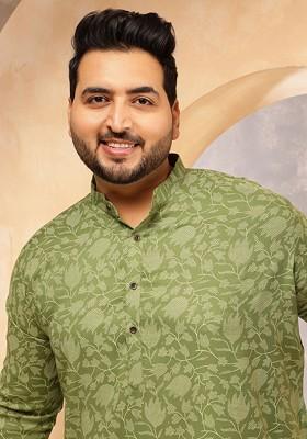 Green Printed Poly Blend Kurta For Men