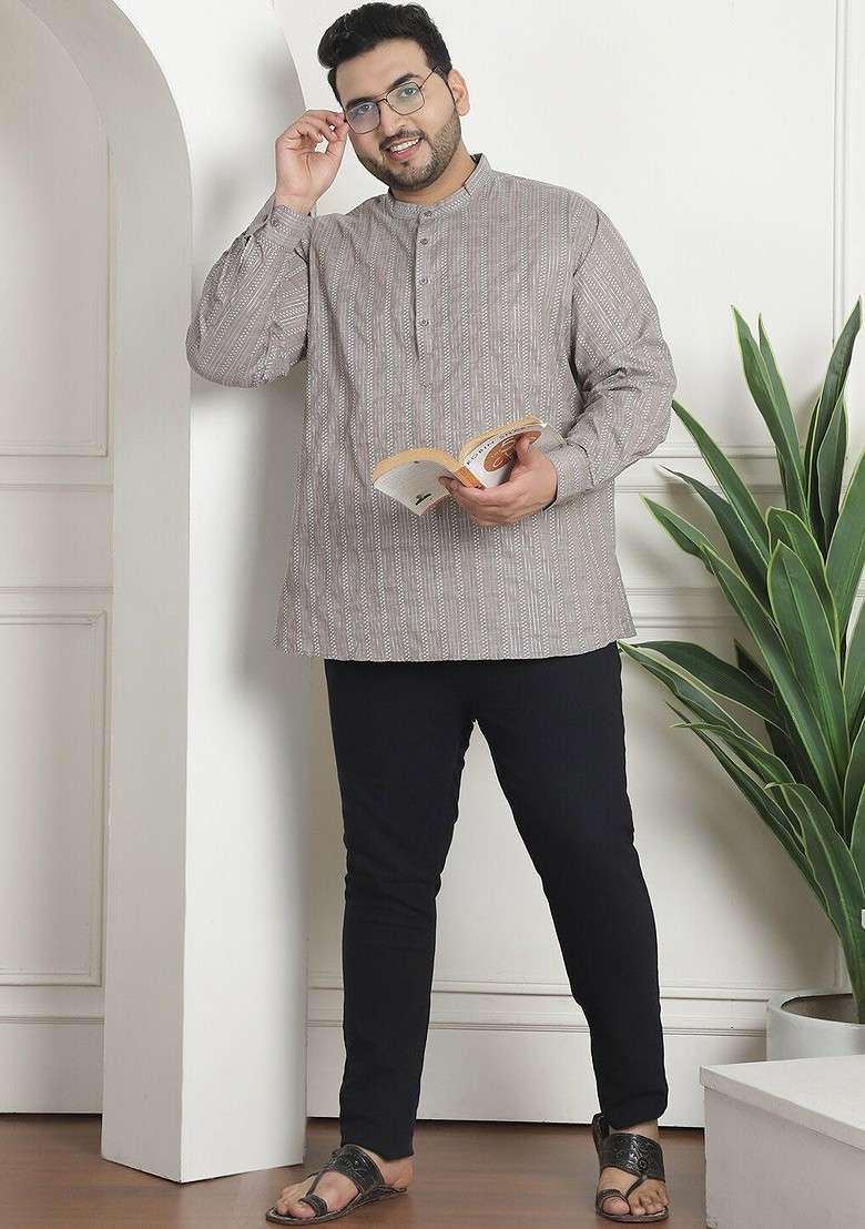 Brown Striped Cotton Kurta For Men - Indya