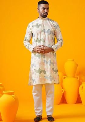 Cream Thread Work Cotton Kurta For Men