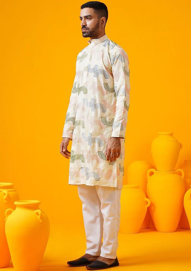 Cream Thread Work Cotton Kurta For Men
