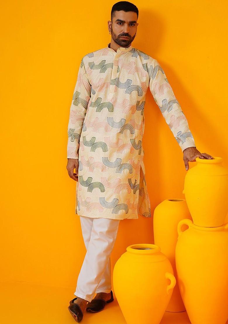 Cream Thread Work Cotton Kurta For Men