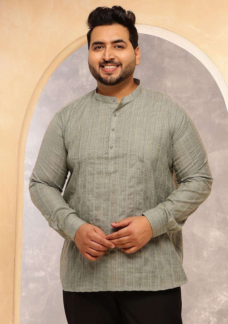 Olive Striped Cotton Kurta For Men - Indya