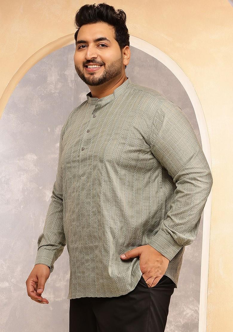Olive Striped Cotton Kurta For Men