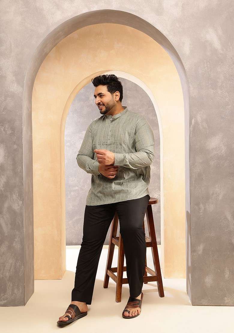 Olive Striped Cotton Kurta For Men - Indya