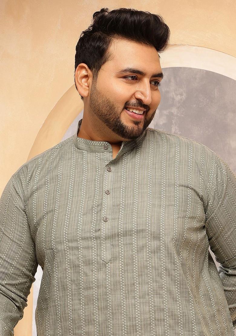 Olive Striped Cotton Kurta For Men