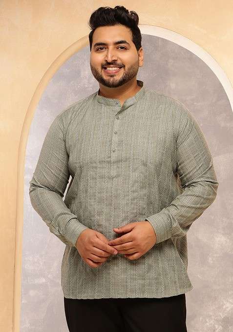 Olive Striped Cotton Kurta For Men