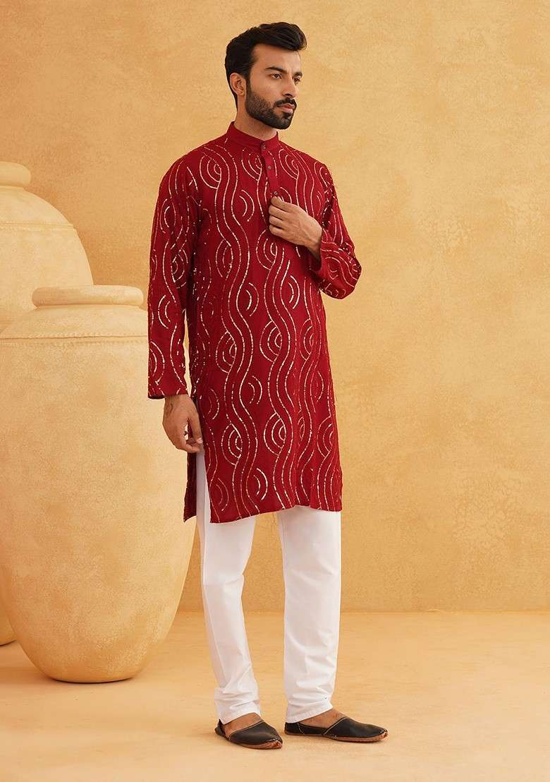 Maroon Embroidered Cotton Kurta For Men - Indya
