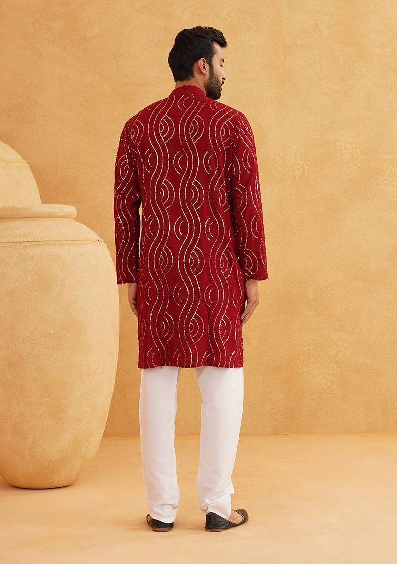 Maroon Embroidered Cotton Kurta For Men