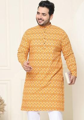 Mustard Printed Cotton Kurta For Men