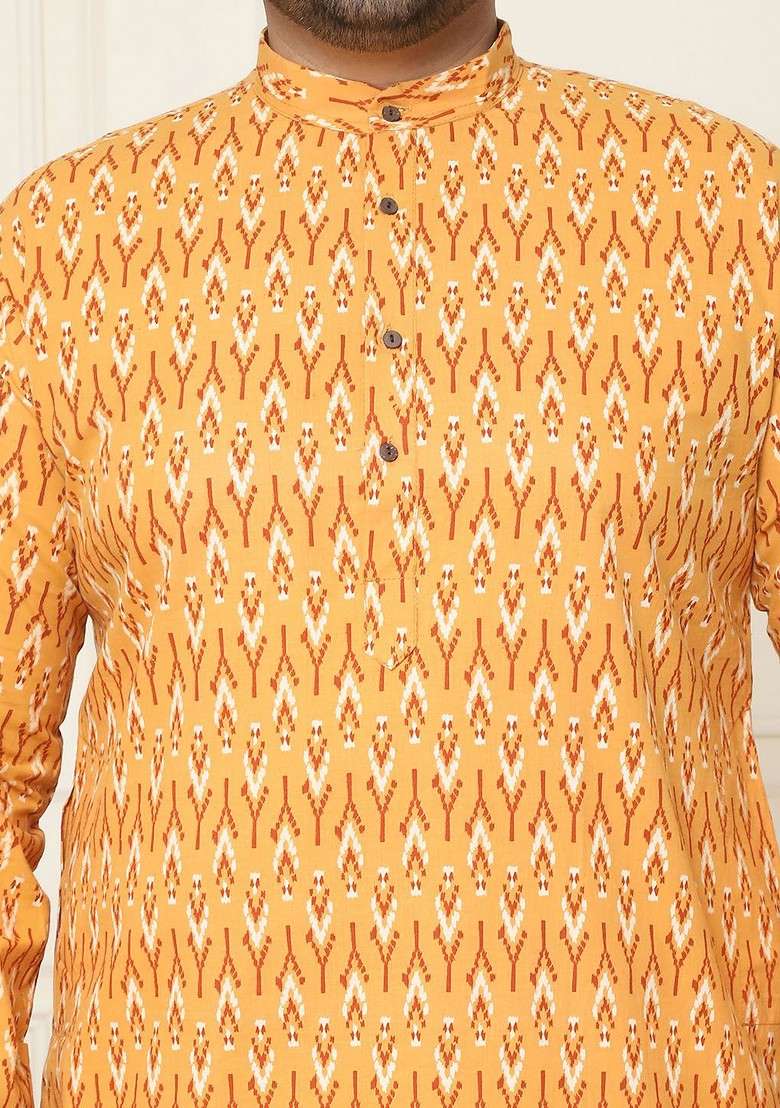 Mustard Printed Cotton Kurta For Men - Indya