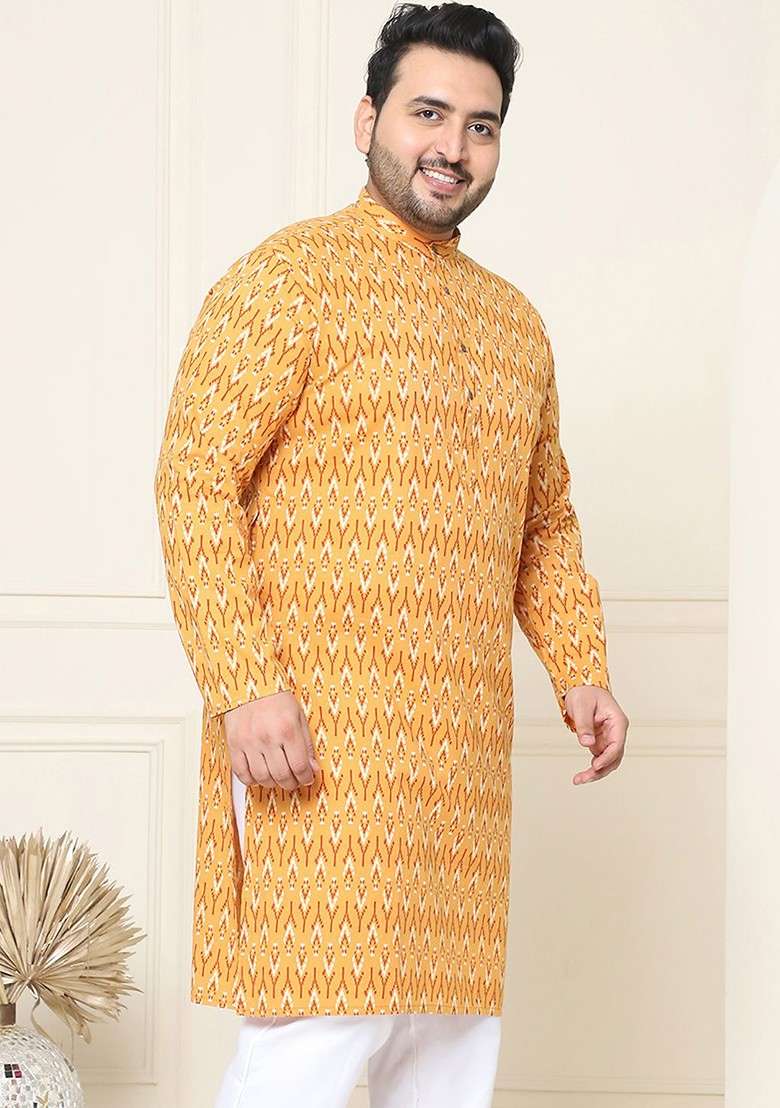 Mustard Printed Cotton Kurta For Men - Indya