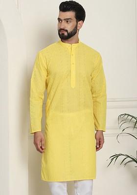 Yellow Thread Work Cotton Kurta For Men