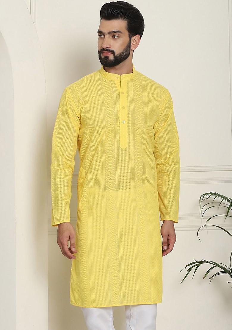 Yellow Thread Work Cotton Kurta For Men