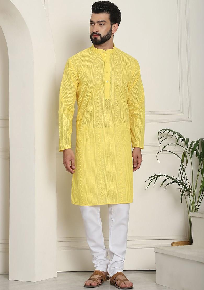 Yellow Thread Work Cotton Kurta For Men
