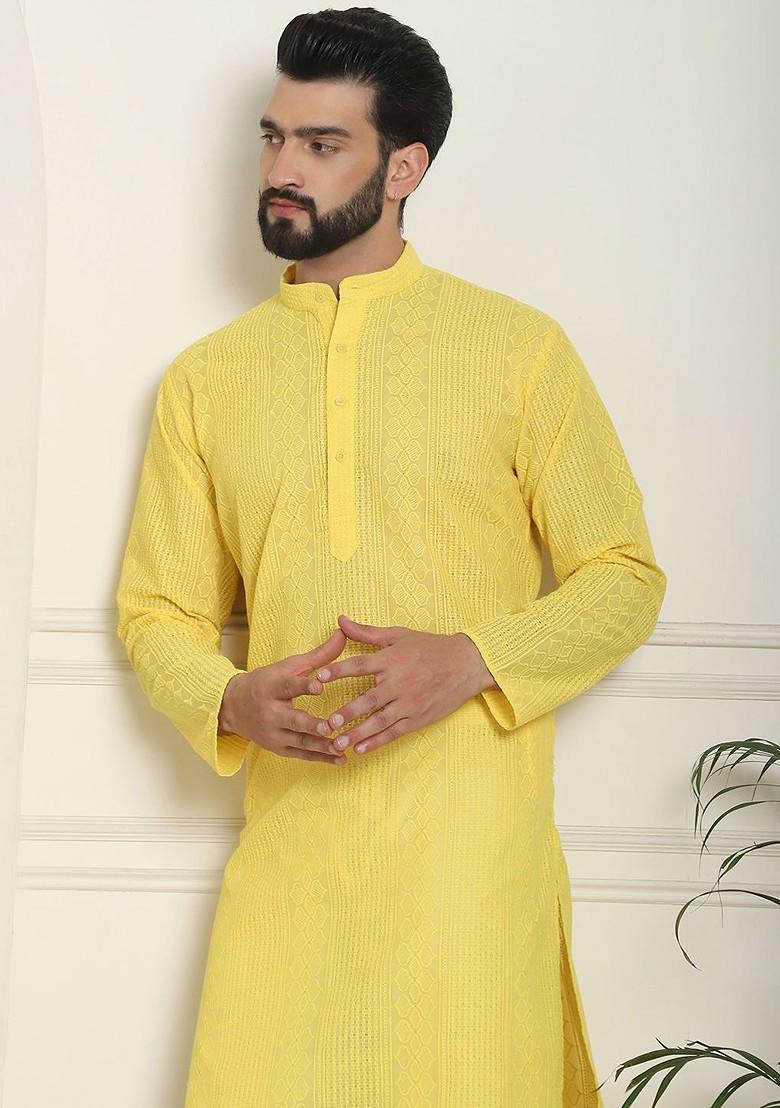 Yellow Thread Work Cotton Kurta For Men