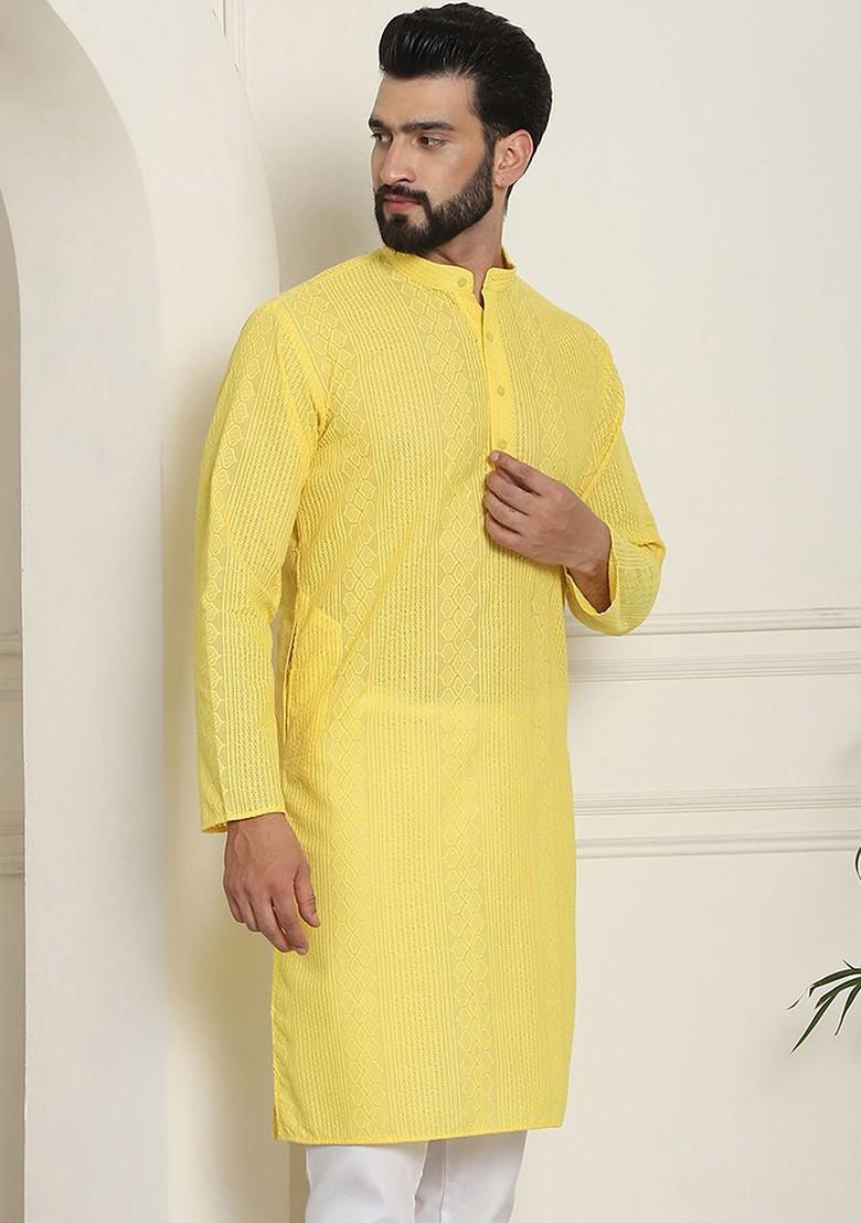 Yellow Thread Work Cotton Kurta For Men