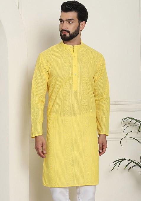 Yellow Thread Work Cotton Kurta For Men