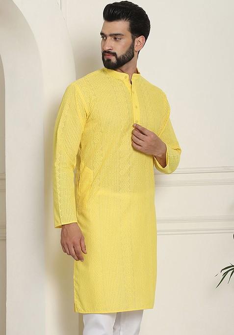 Yellow Thread Work Cotton Kurta For Men
