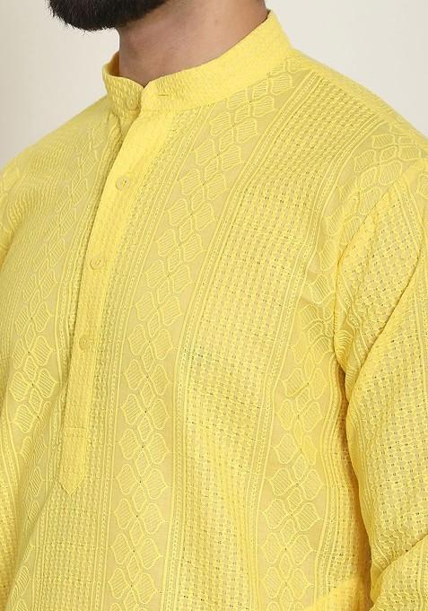 Yellow Thread Work Cotton Kurta For Men
