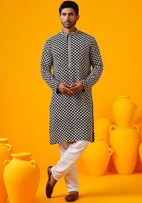Black Thread Work Poly Blend Kurta For Men