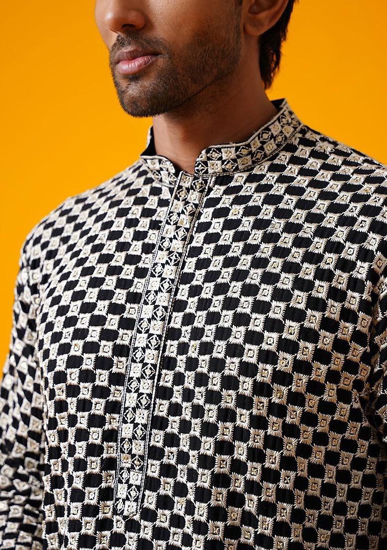 Black Thread Work Poly Blend Kurta For Men