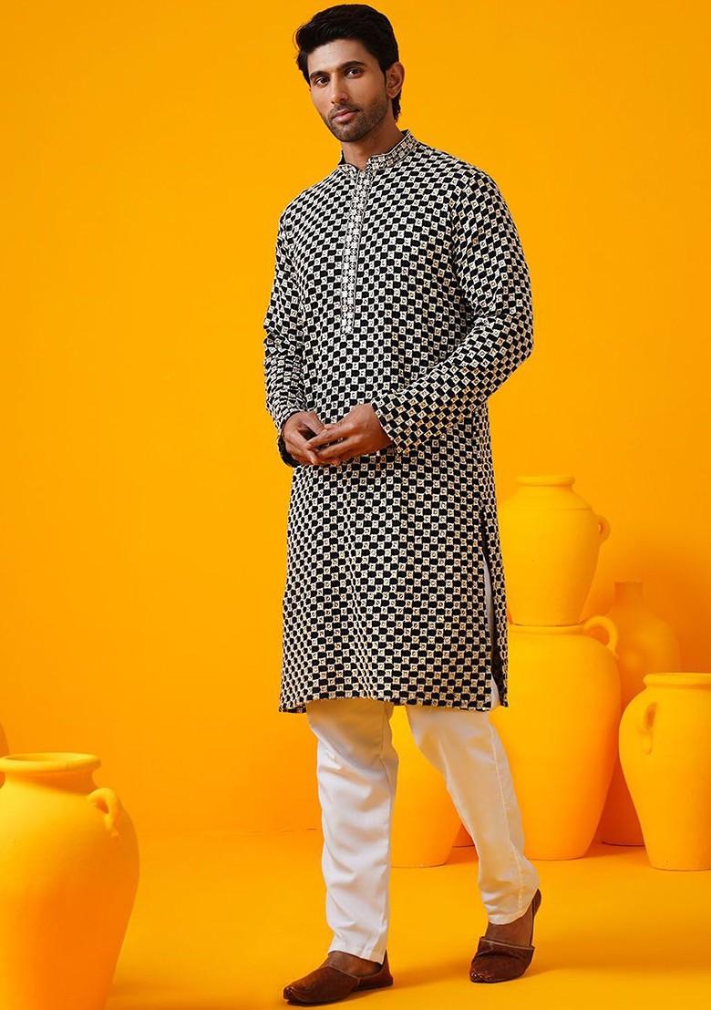 Black Thread Work Poly Blend Kurta For Men