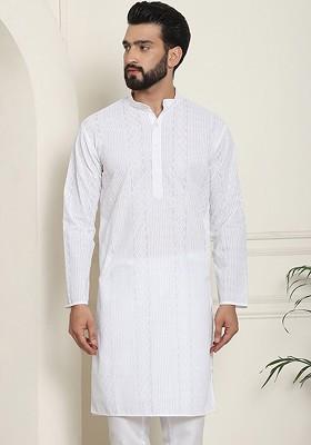 White Thread Work Poly Blend Kurta For Men