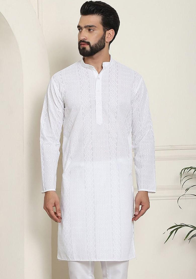 White Thread Work Poly Blend Kurta For Men