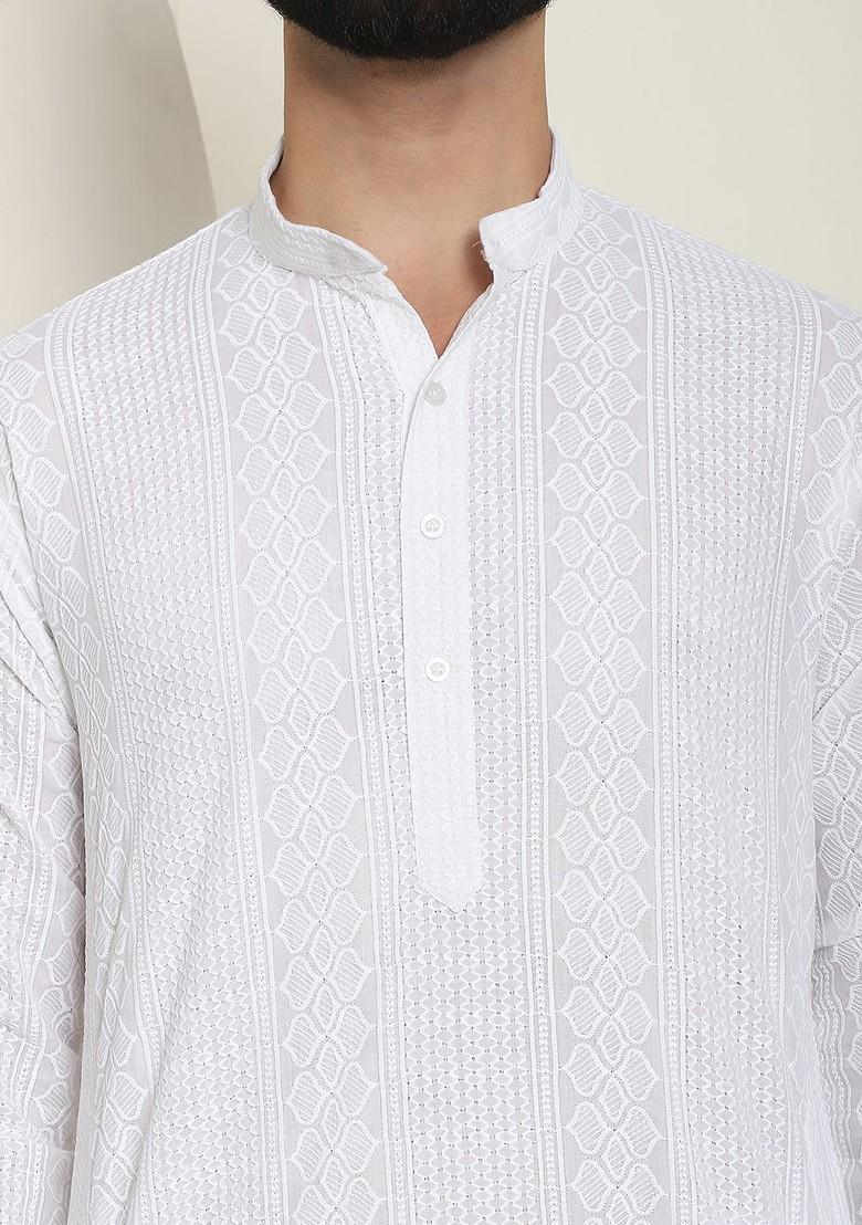 White Thread Work Poly Blend Kurta For Men