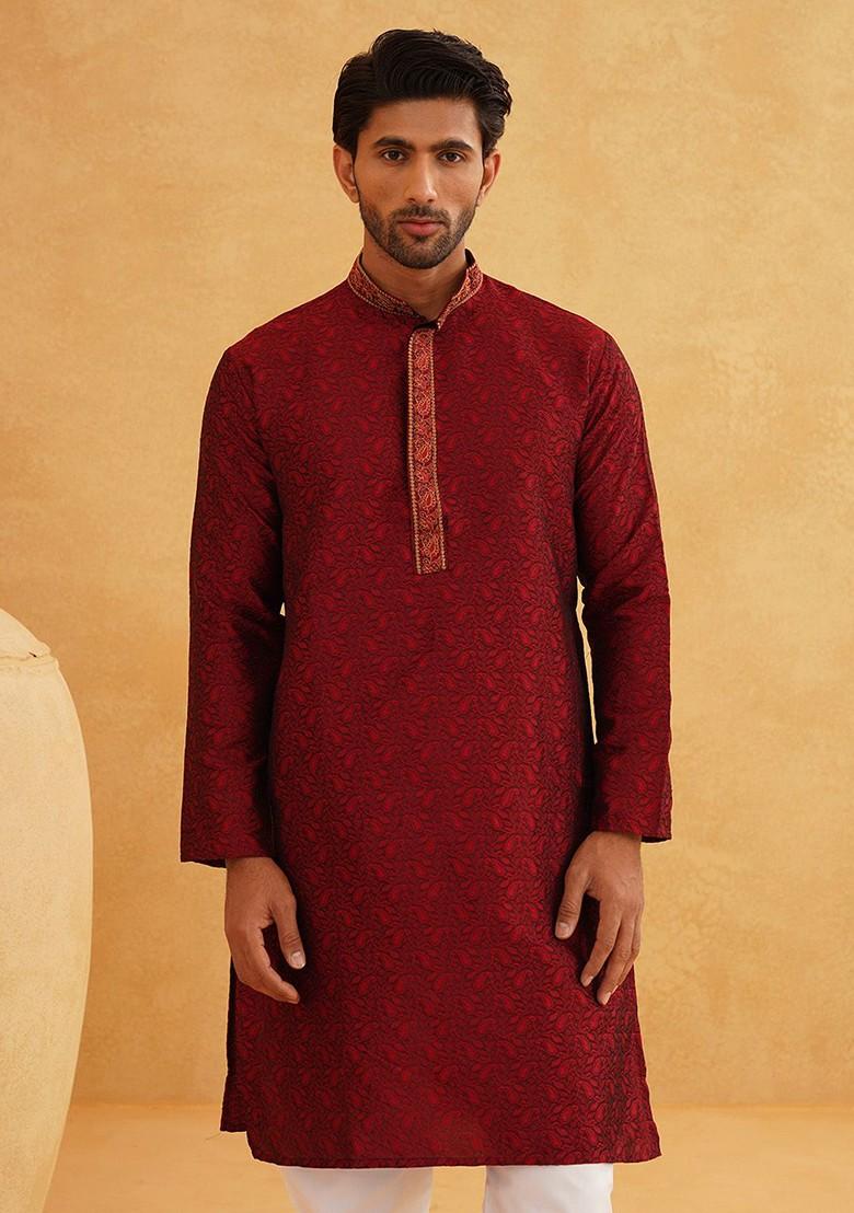 Maroon Embroidered Poly Blend Kurta For Men