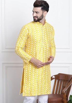 Yellow Embroidered Poly Blend Kurta For Men