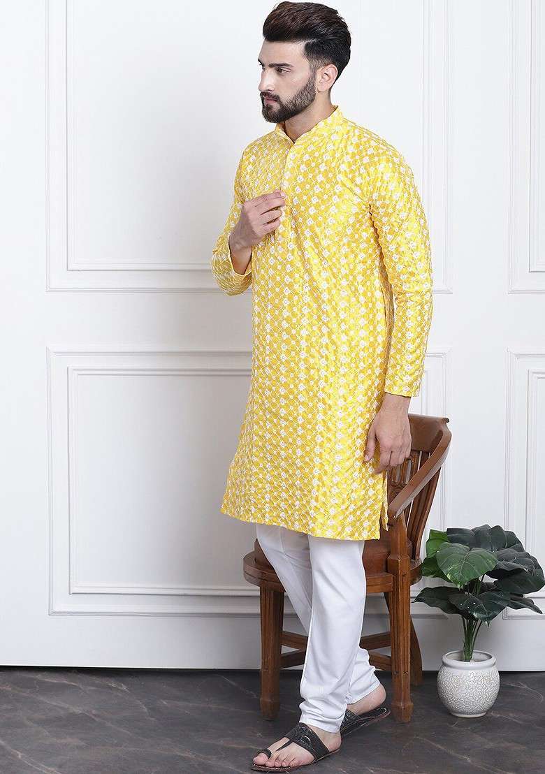 Yellow Embroidered Poly Blend Kurta For Men - Indya