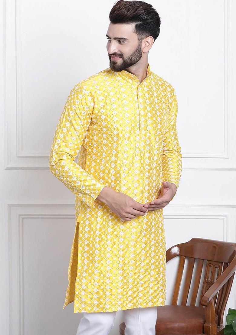 Yellow Embroidered Poly Blend Kurta For Men
