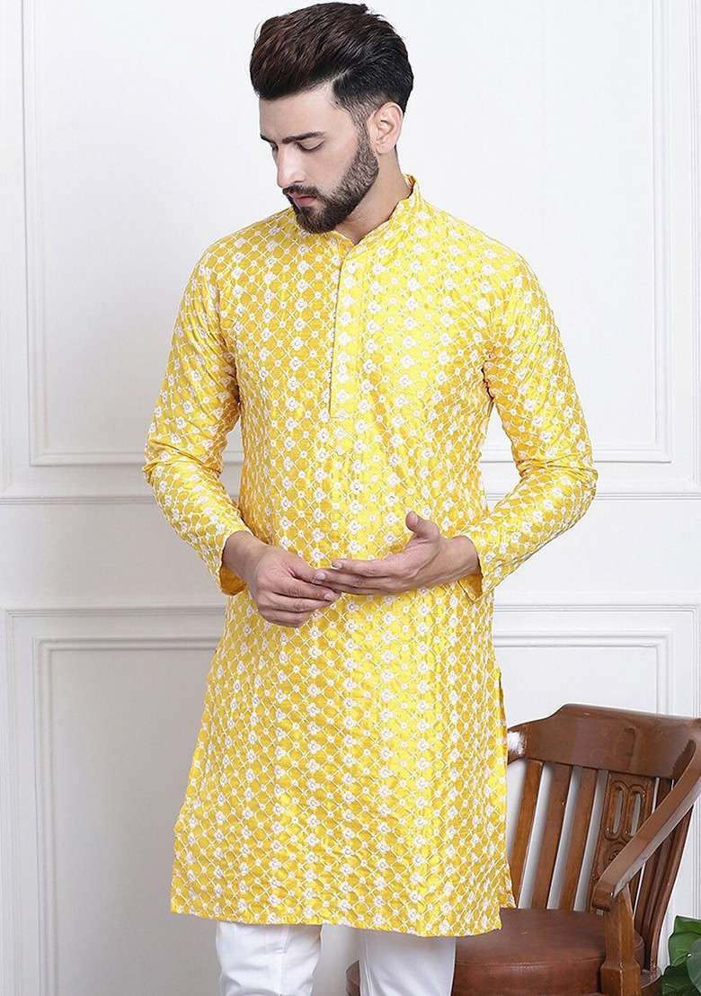 Yellow Embroidered Poly Blend Kurta For Men - Indya