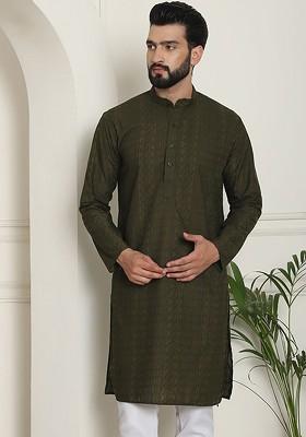 Green Thread Work Cotton Kurta For Men